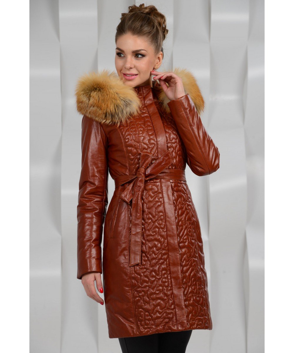 Зимнее кожаное пальто с капюшоном