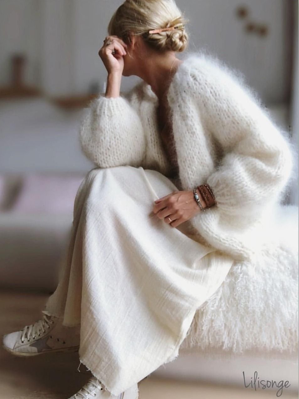 Мохеровое пальто спицами