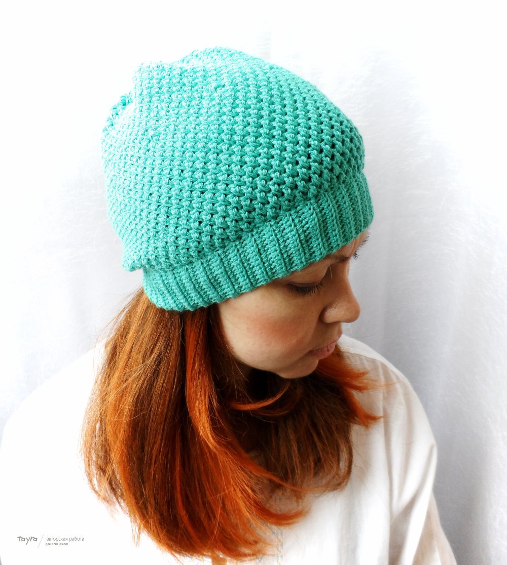 Шапка на весну спицами из хлопка