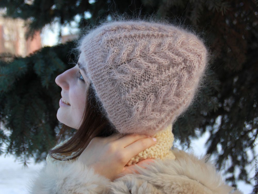 Шапка из мохера косами