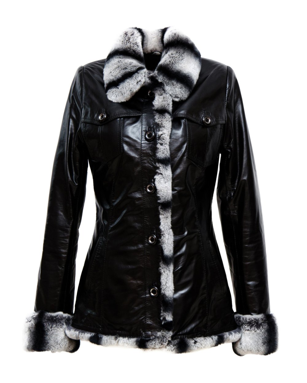 Кожаная куртка с енотовым воротником
