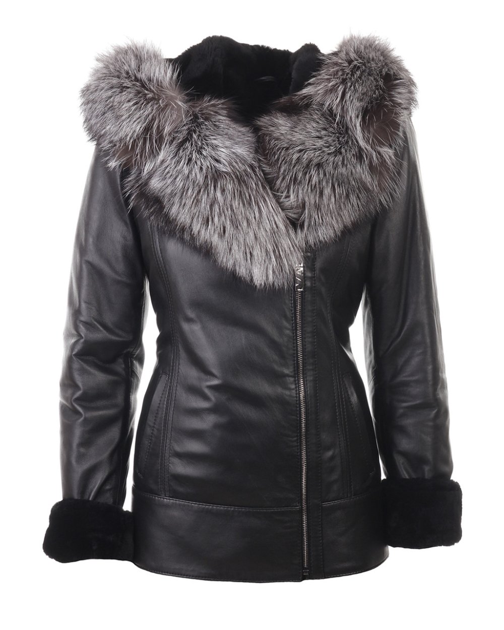 Black shiny Puffer Coat fur Hood