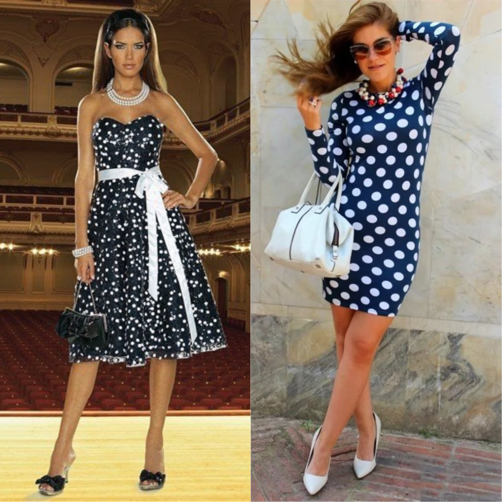 Черное платье в горошек образы