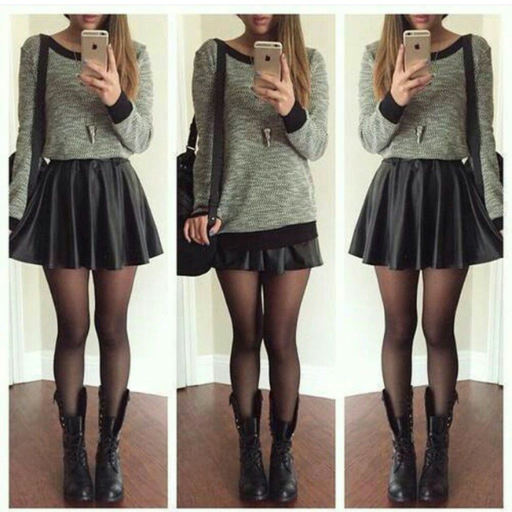 Серая юбка с черными колготками