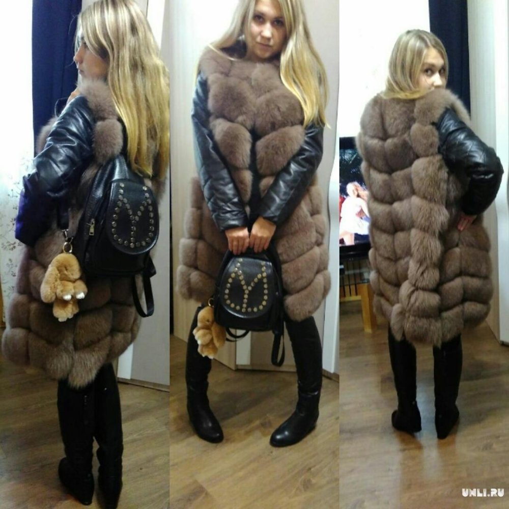 Куртка из песца с кожаными рукавами