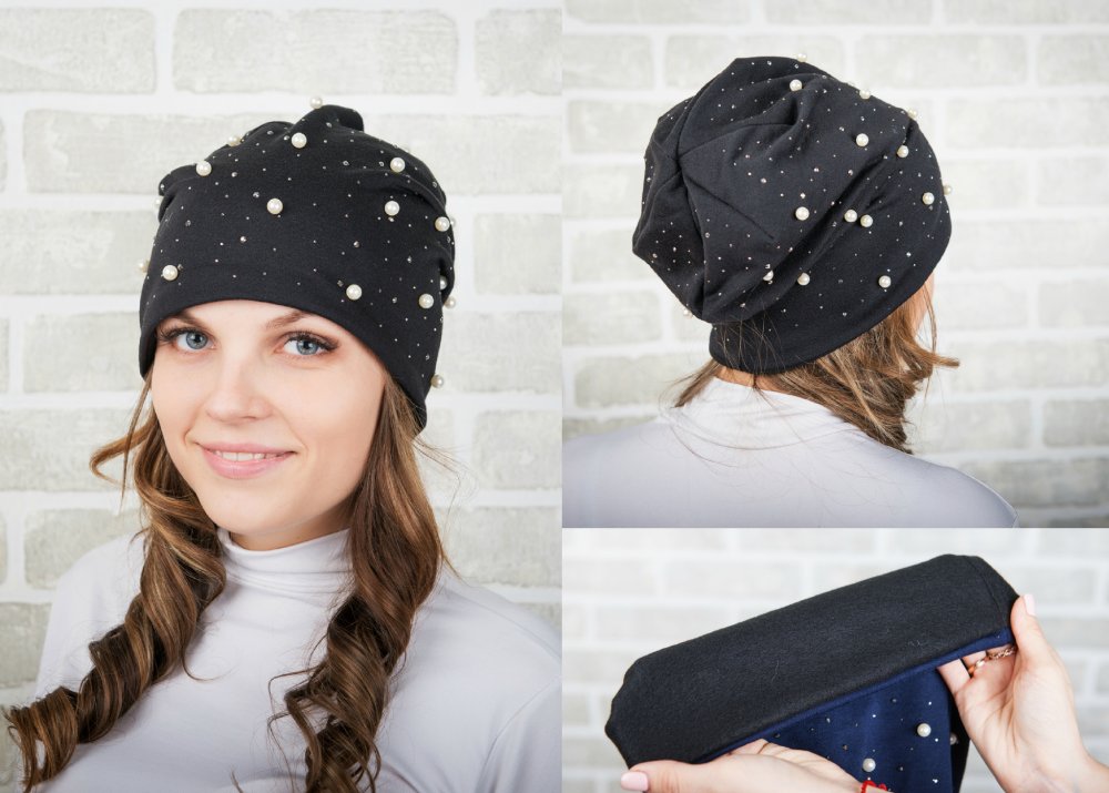 Шапка черная с бусинами