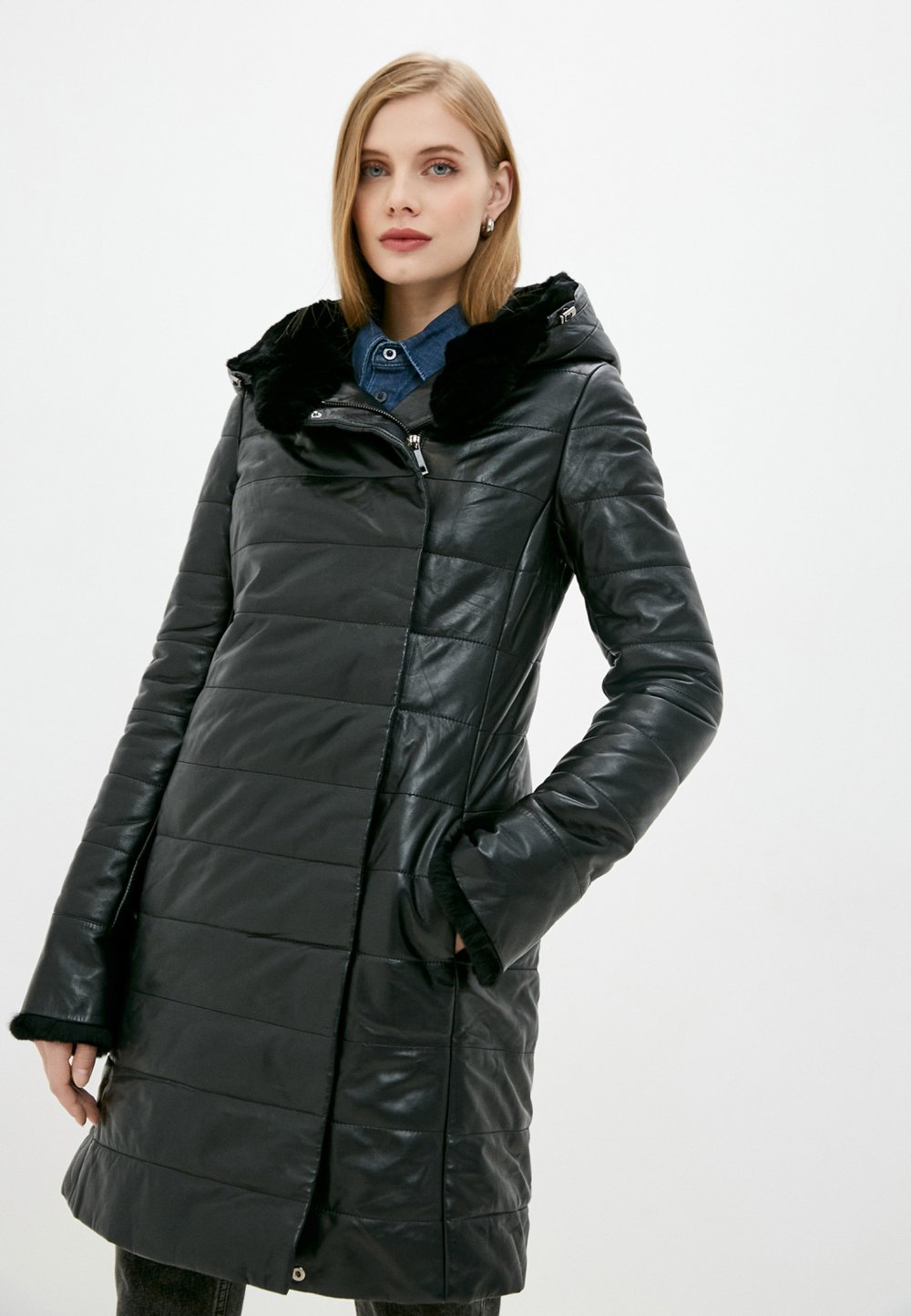 Кожаный пуховик женский Снежная Королева
