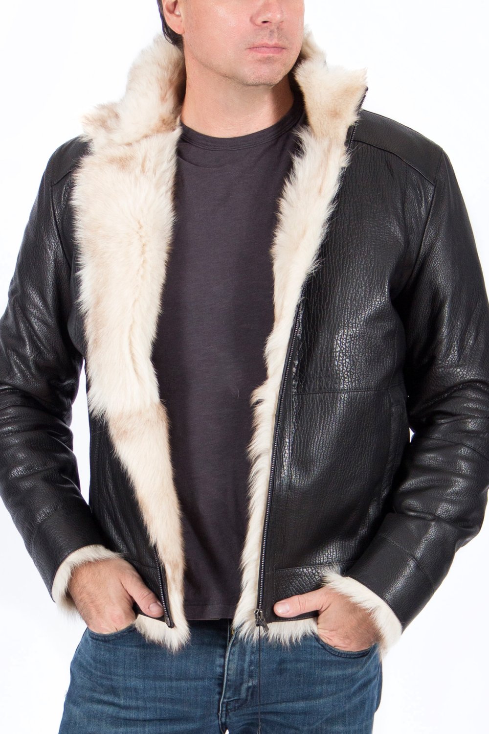 Куртка Херман кожаная с мехом волка