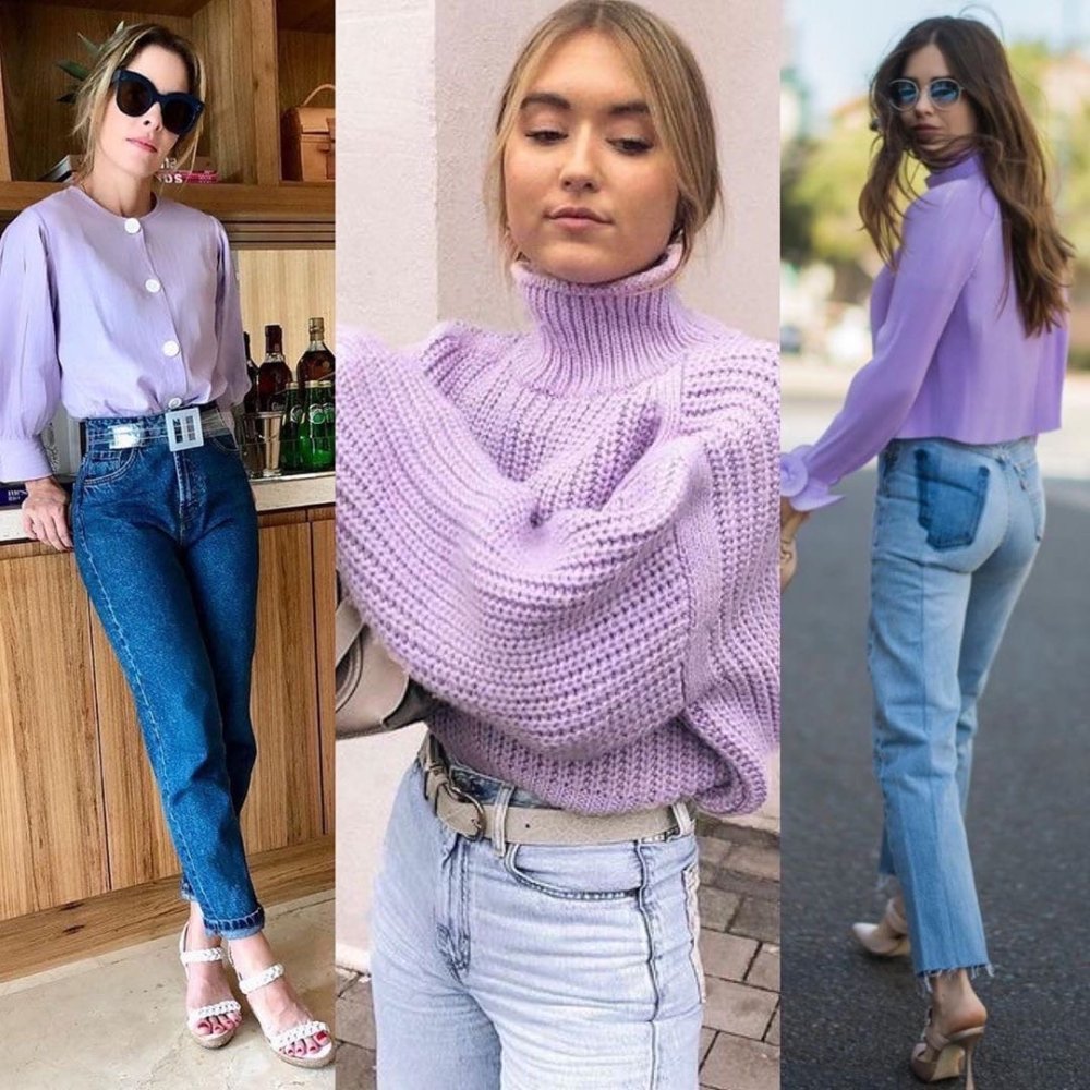 Сочетание в одежде с лавандовой водолазкой