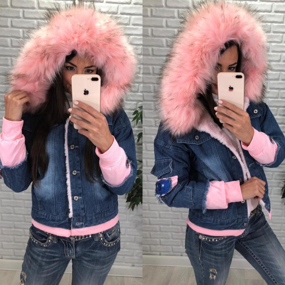 Джинсовая парка с розовым мехом женская