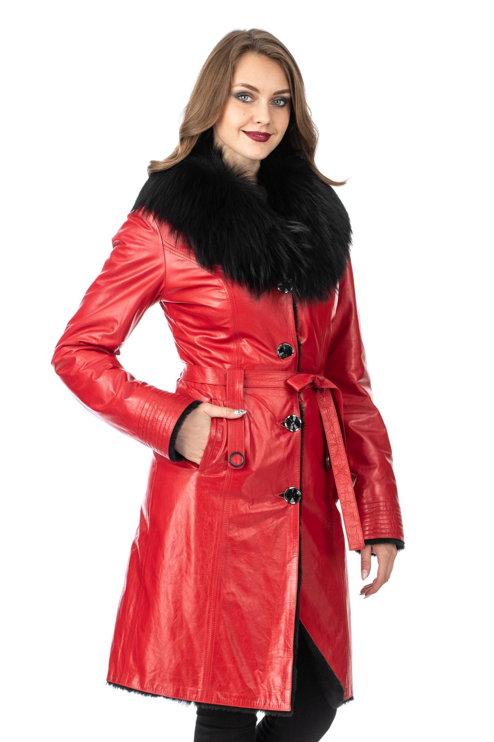 Кожаное пальто с лисой