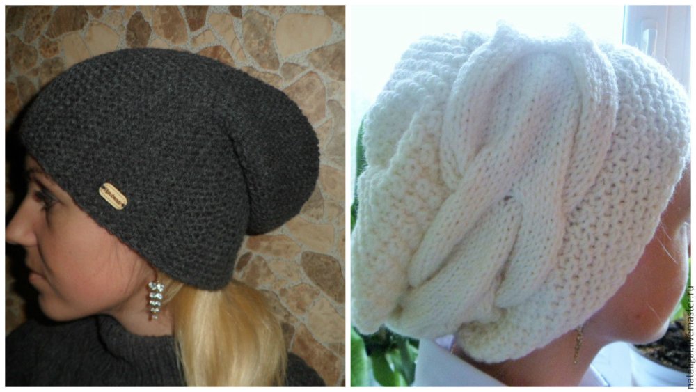 Вязаные шапки с поперечными косами и жгутами