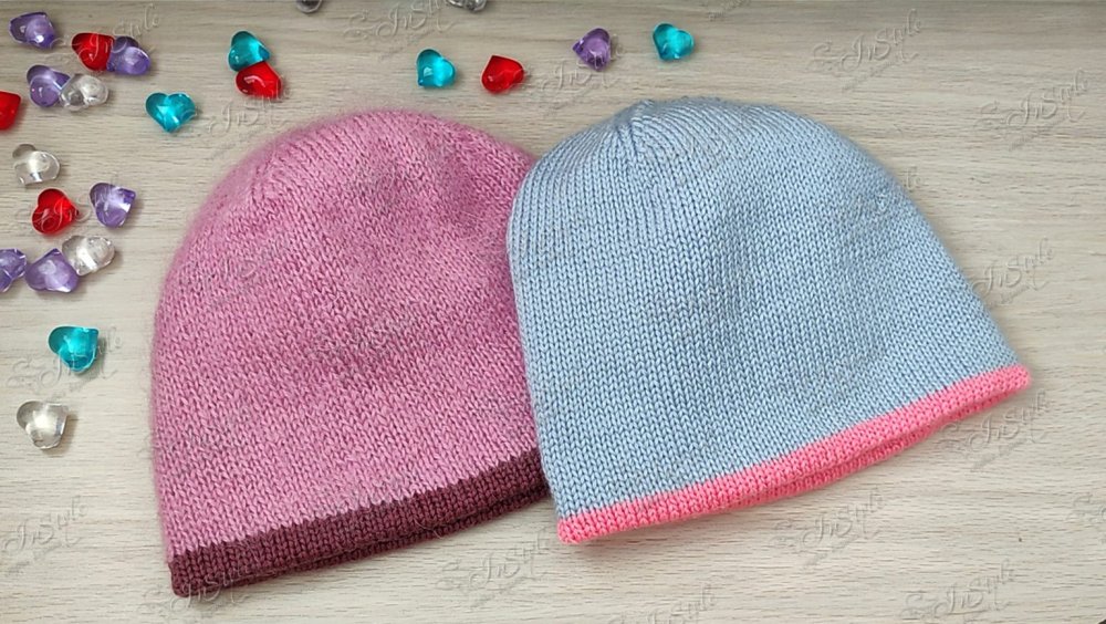 Двойная шапка бини лицевой гладью