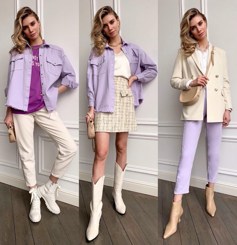 Черные брюки лавандовый жакет