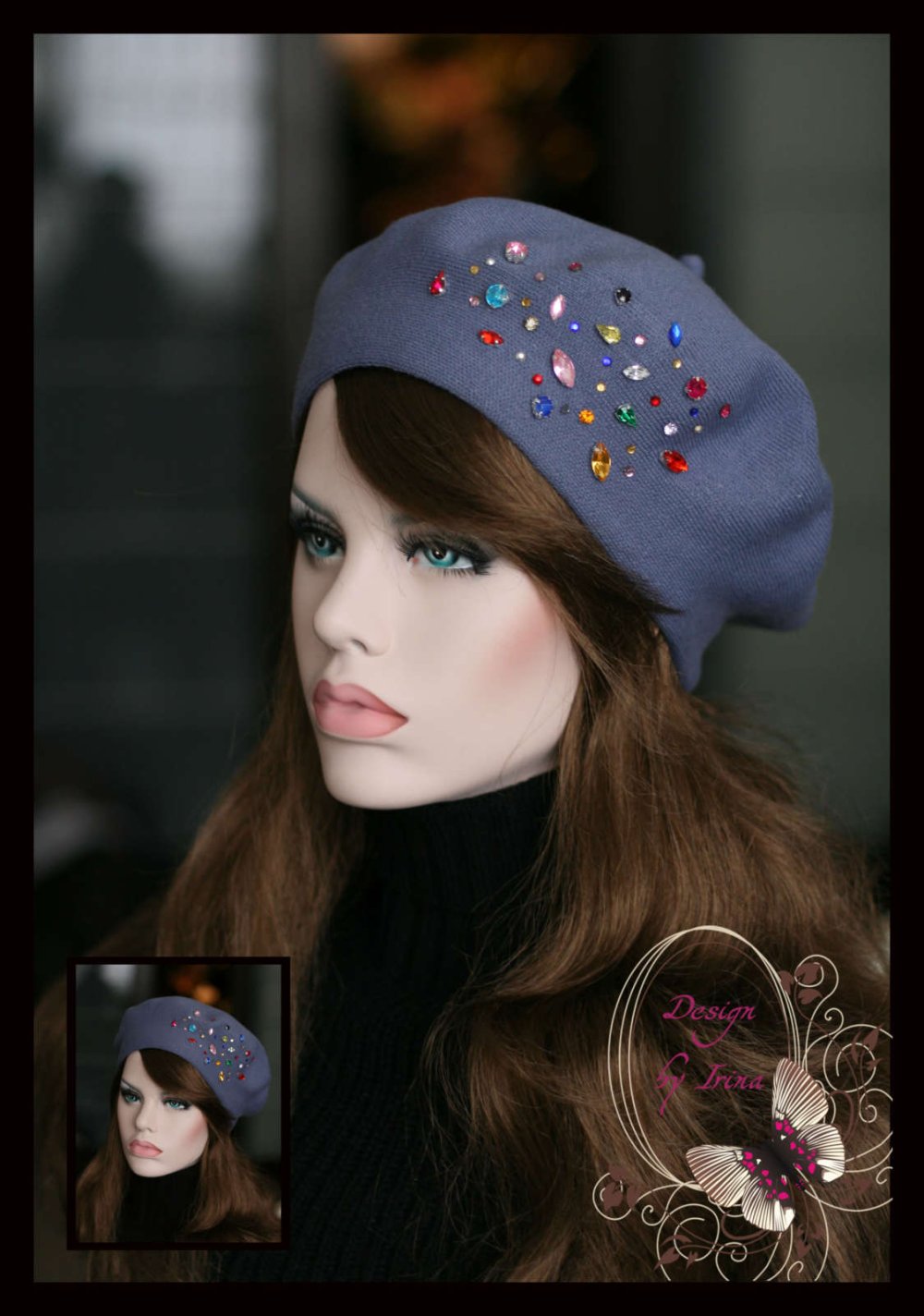 Берет с цветными стразами